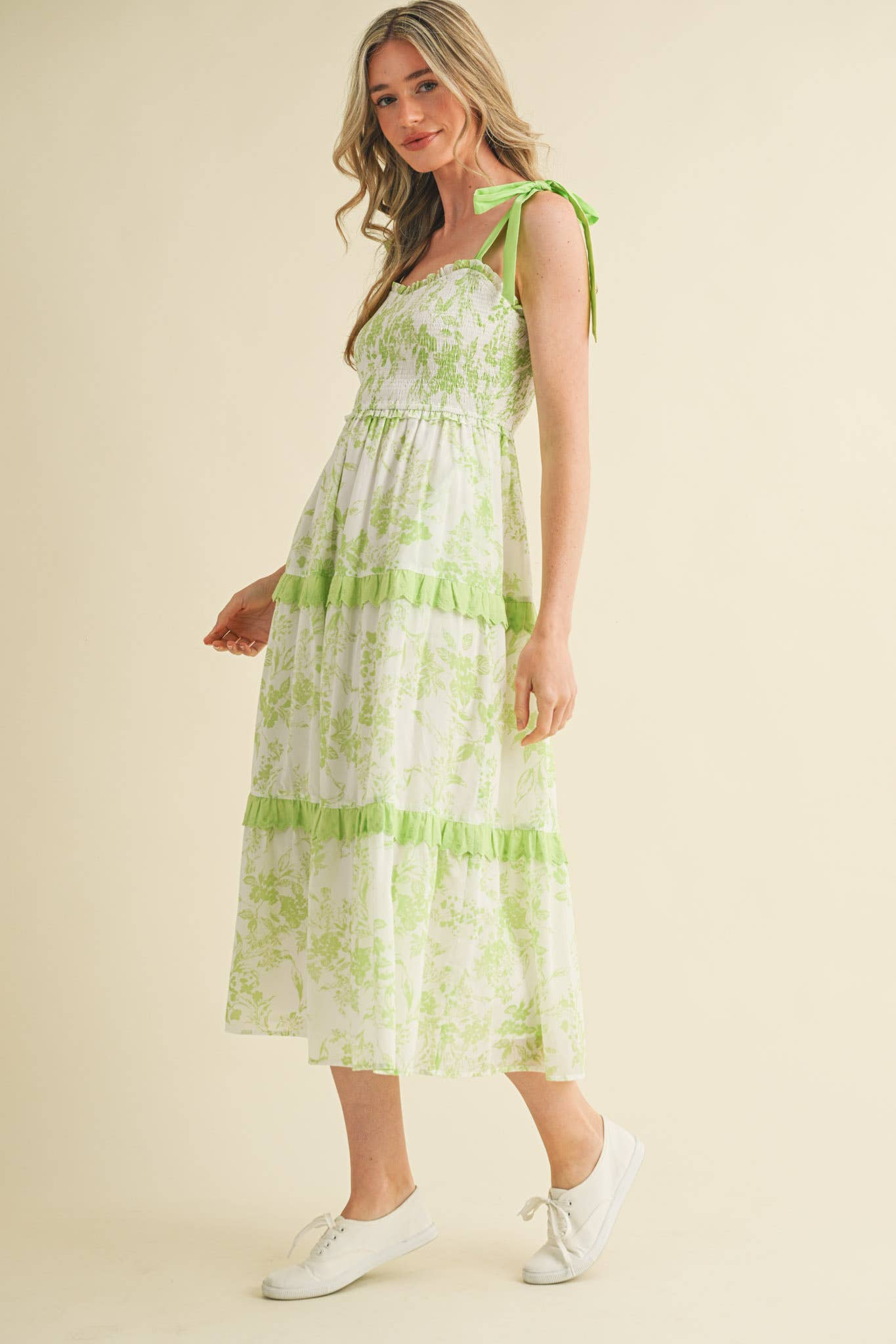 PINK FLORAL TIERED SCALLOP TRIM DRESS