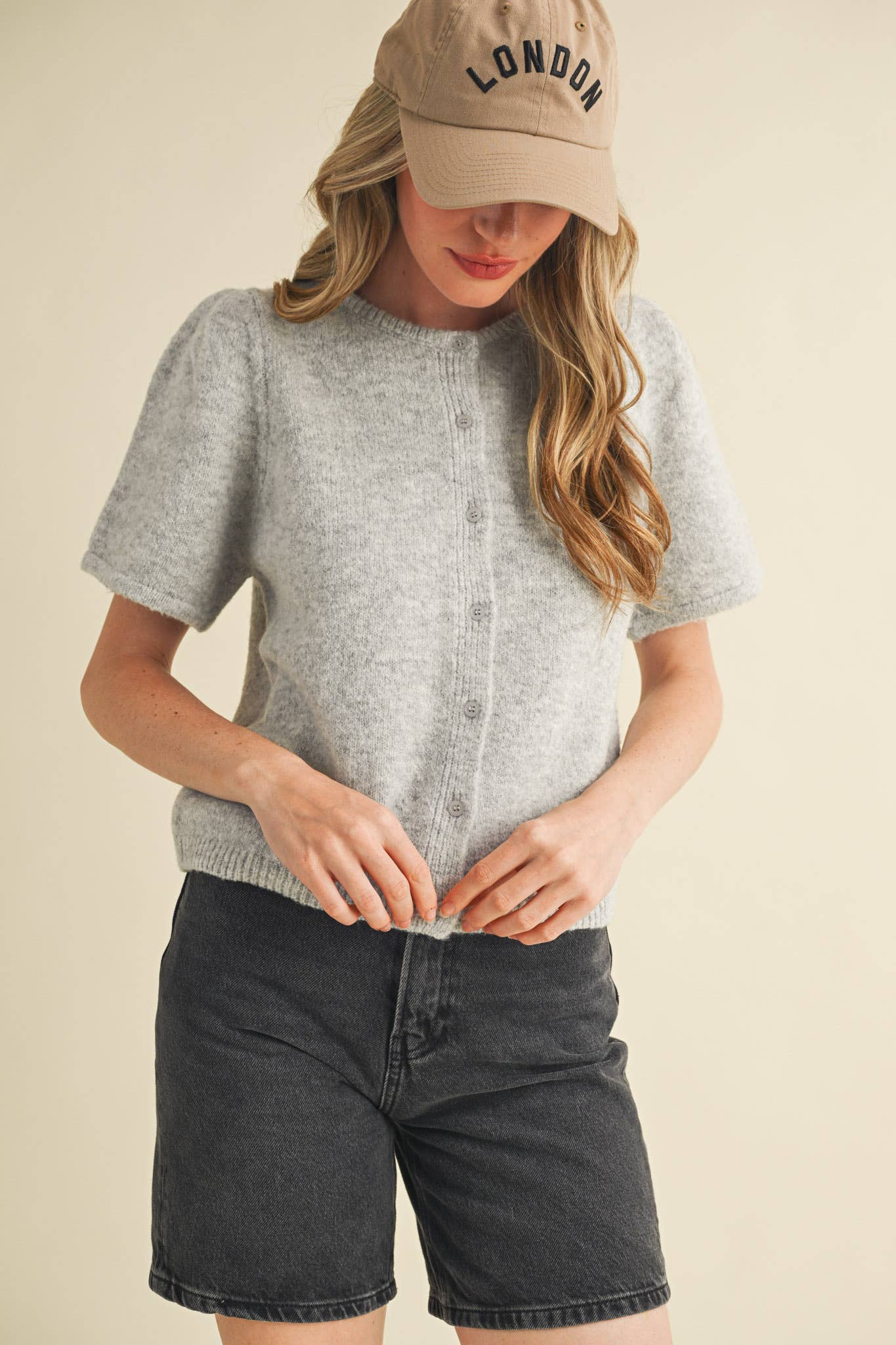 RED PUFF SLEEVE CARDIGAN SWEATER