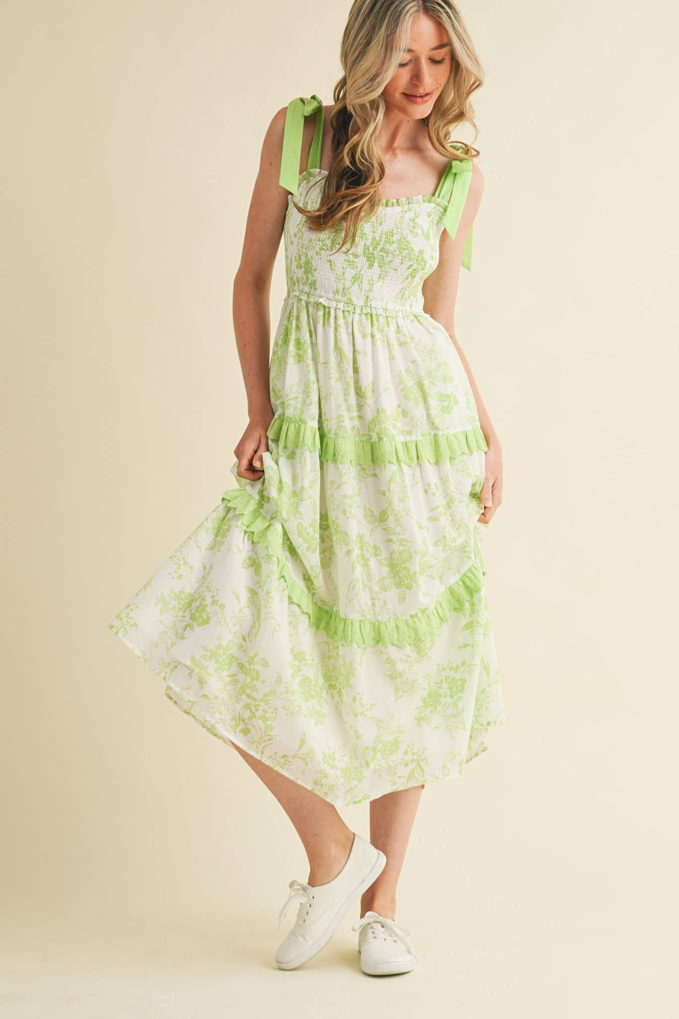 PINK FLORAL TIERED SCALLOP TRIM DRESS