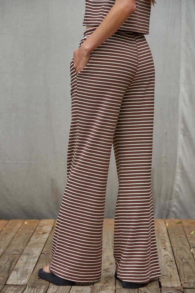L8945B | Knit Polyester Cotton Striped Flare Pants: Grey Blue / L