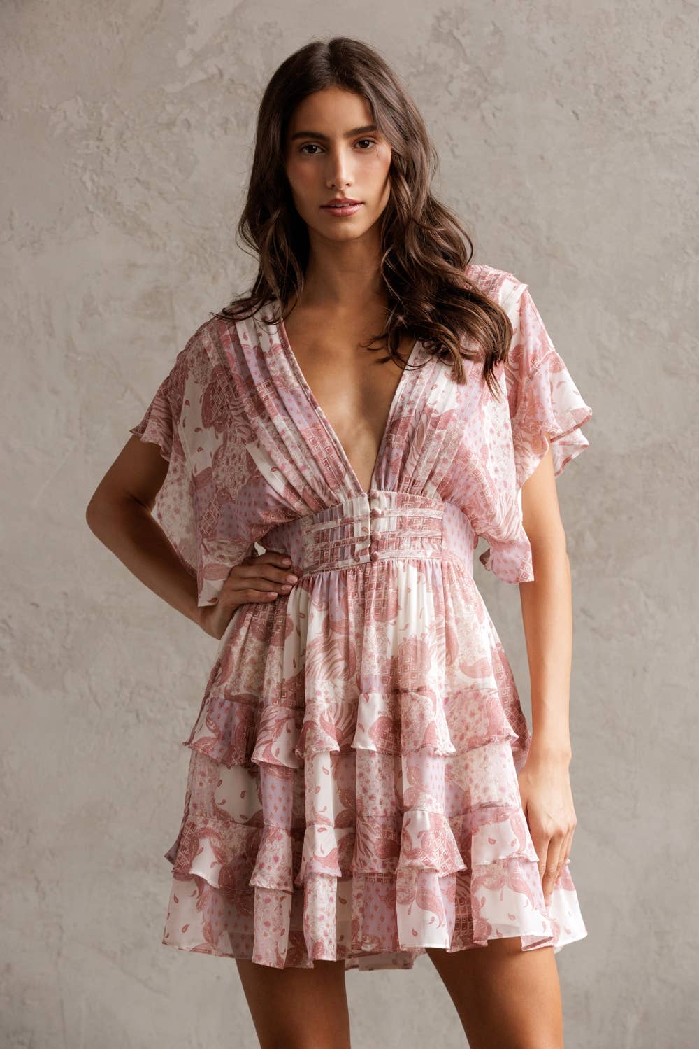 ST TROPEZ PINK FLORAL RUFFLE TIERED MINI DRESS