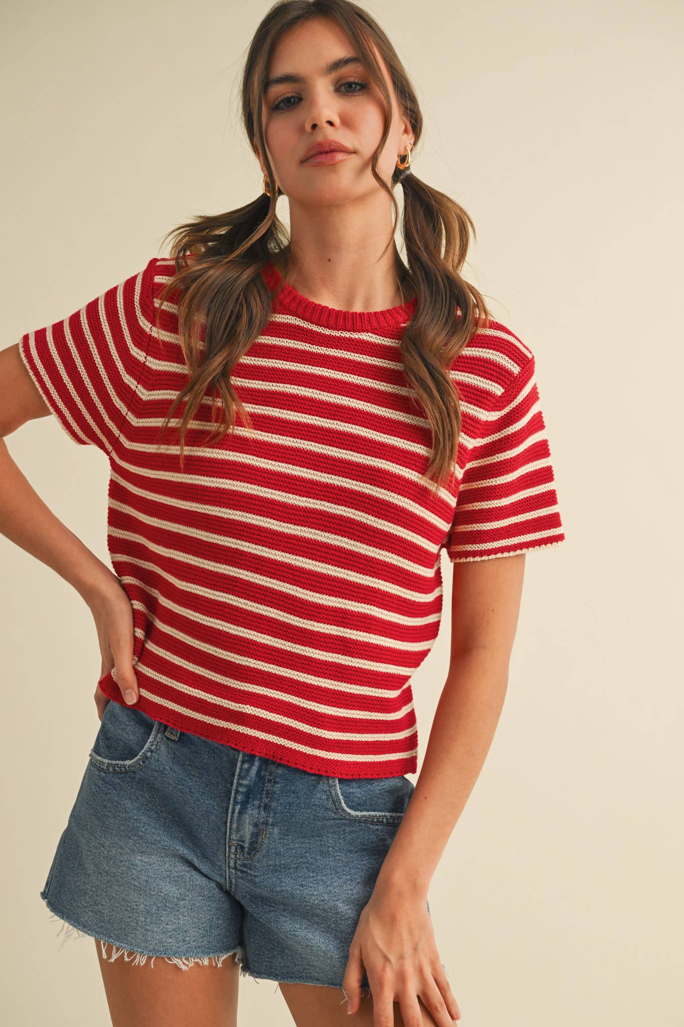 SHORT SLEEVE STRIPED SWEATER TOP Red Stripe