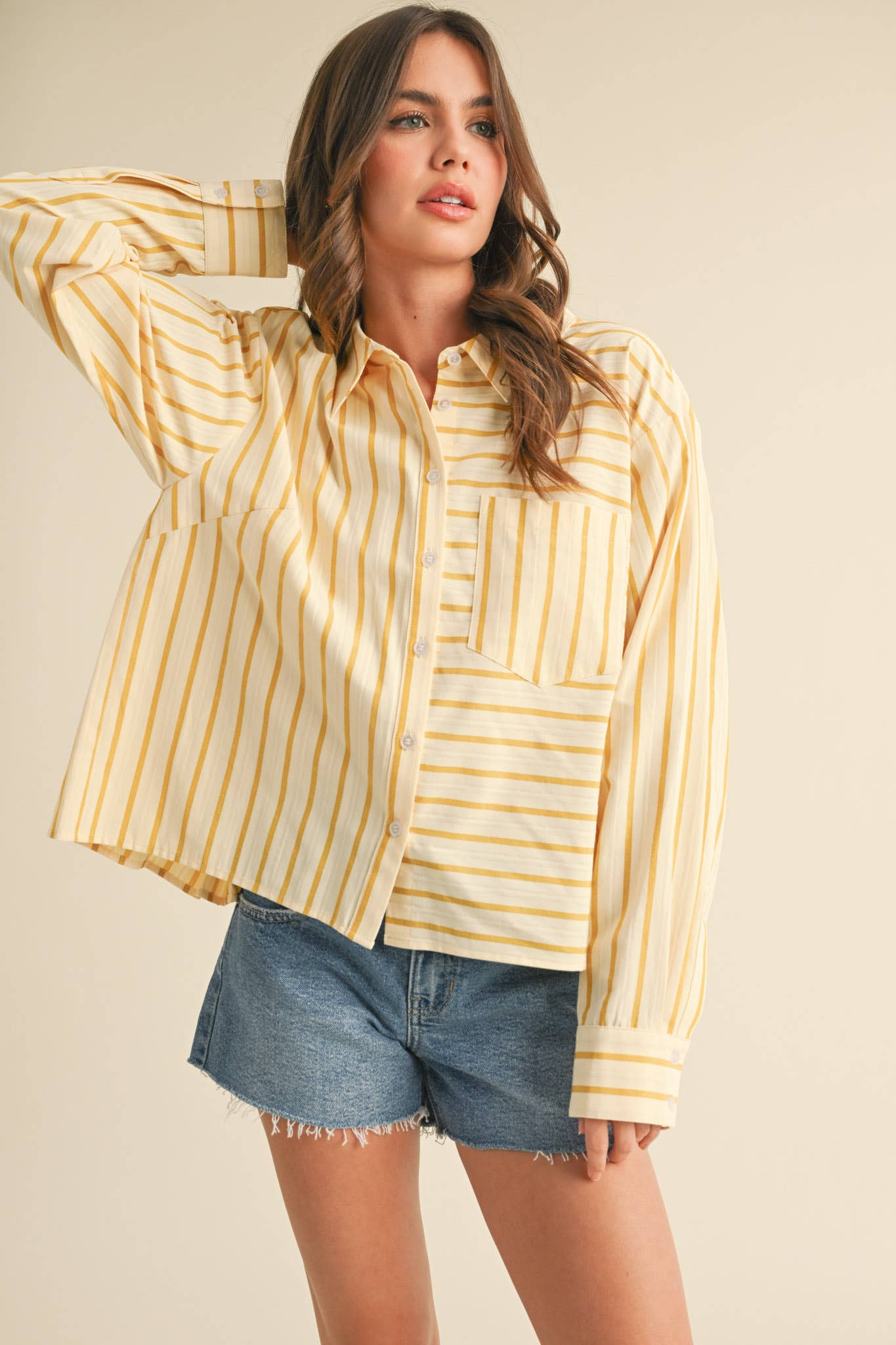 DAILY STRIPED COLLARED BUTTON DOWN TOP - CUSTARD STRIPE