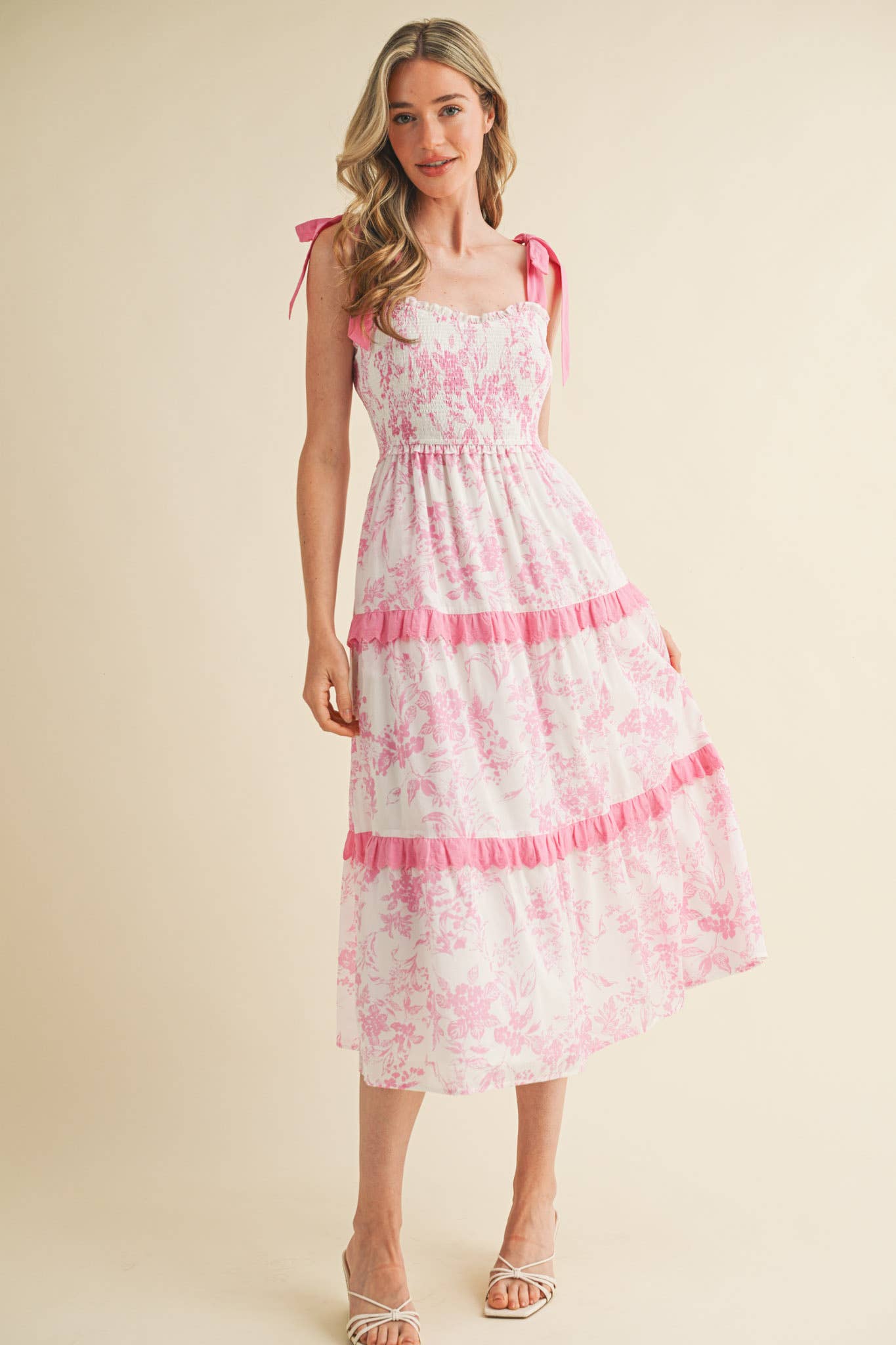 PINK FLORAL TIERED SCALLOP TRIM DRESS