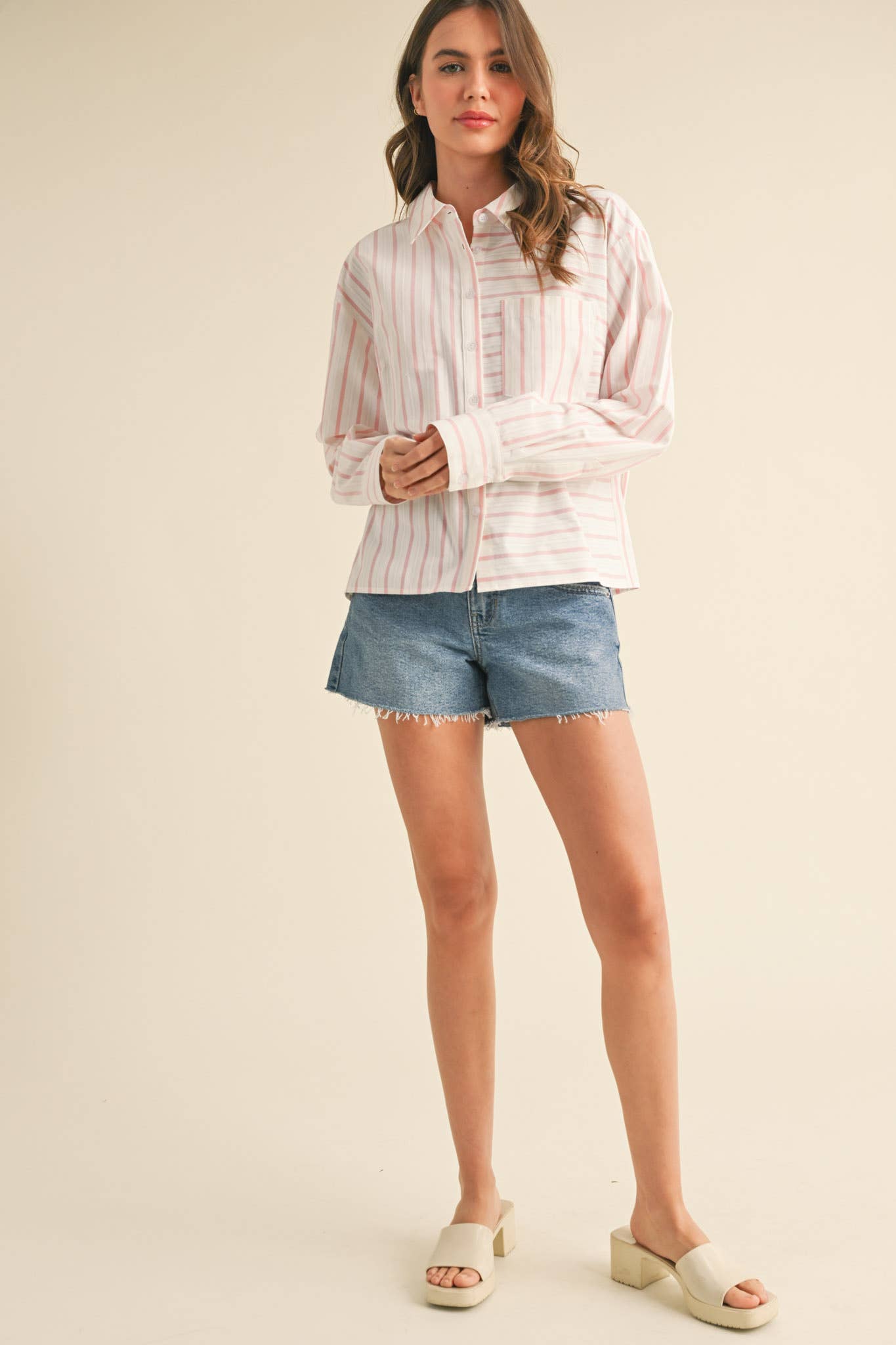 DAILY STRIPED COLLARED BUTTON DOWN TOP - CUSTARD STRIPE