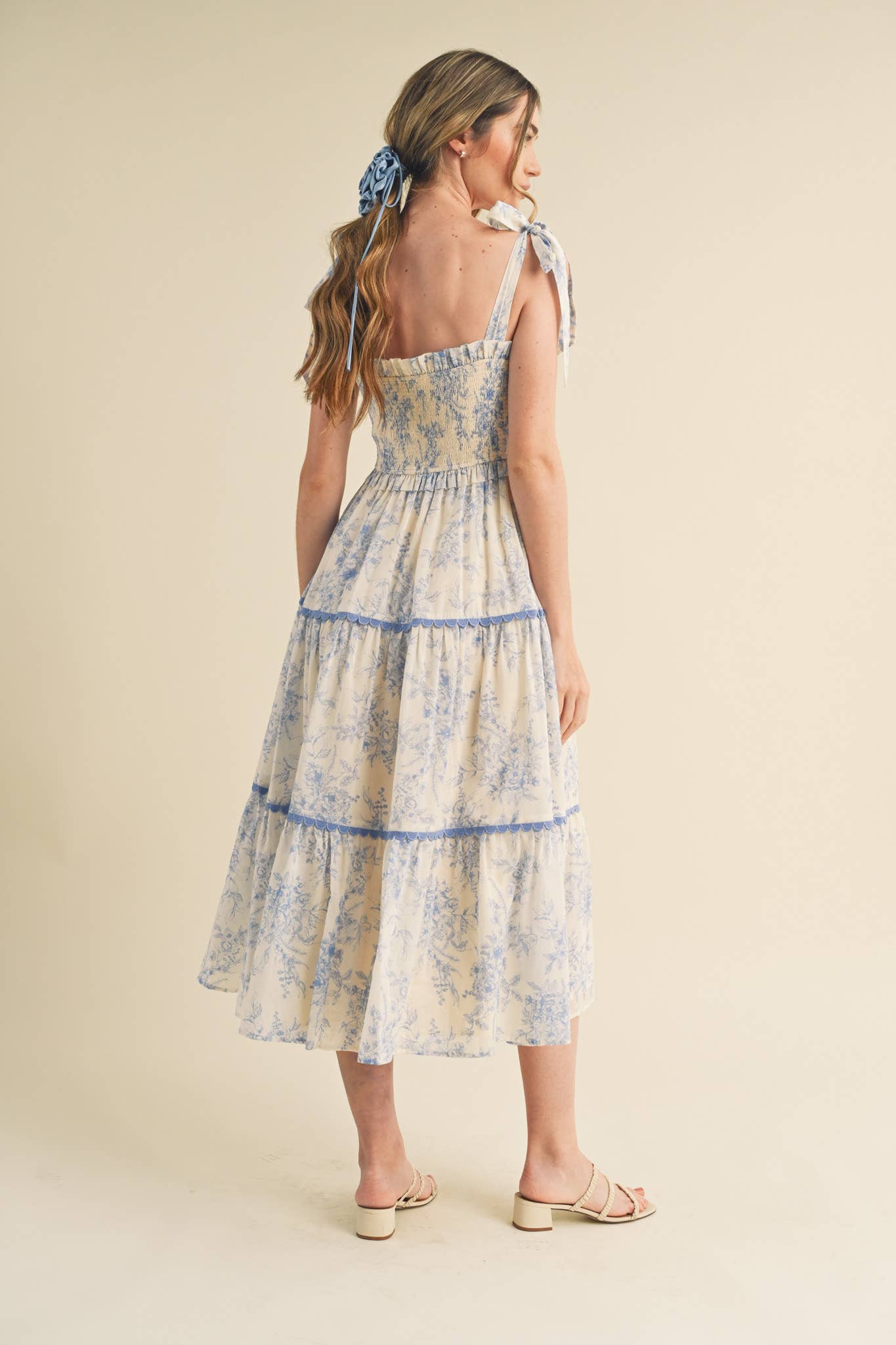 TOILE TIERED LACE TRIM FLORAL MIDI DRESS - OFF WHITE CHARCOAL