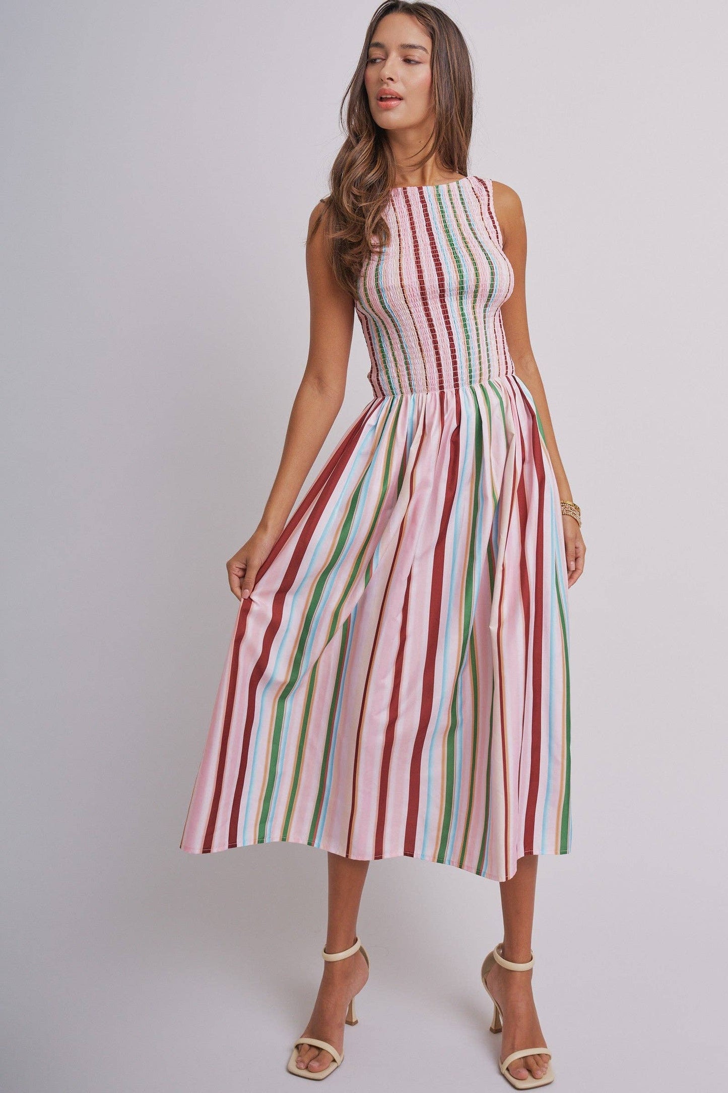 Candy Stripe Smocked Midi Dress With High Neckline: Multi / S-M-L