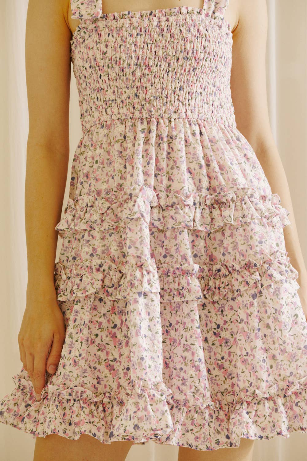 PARK GIRL FLORAL RUFFLED MINI DRESS: Lavender Floral / S