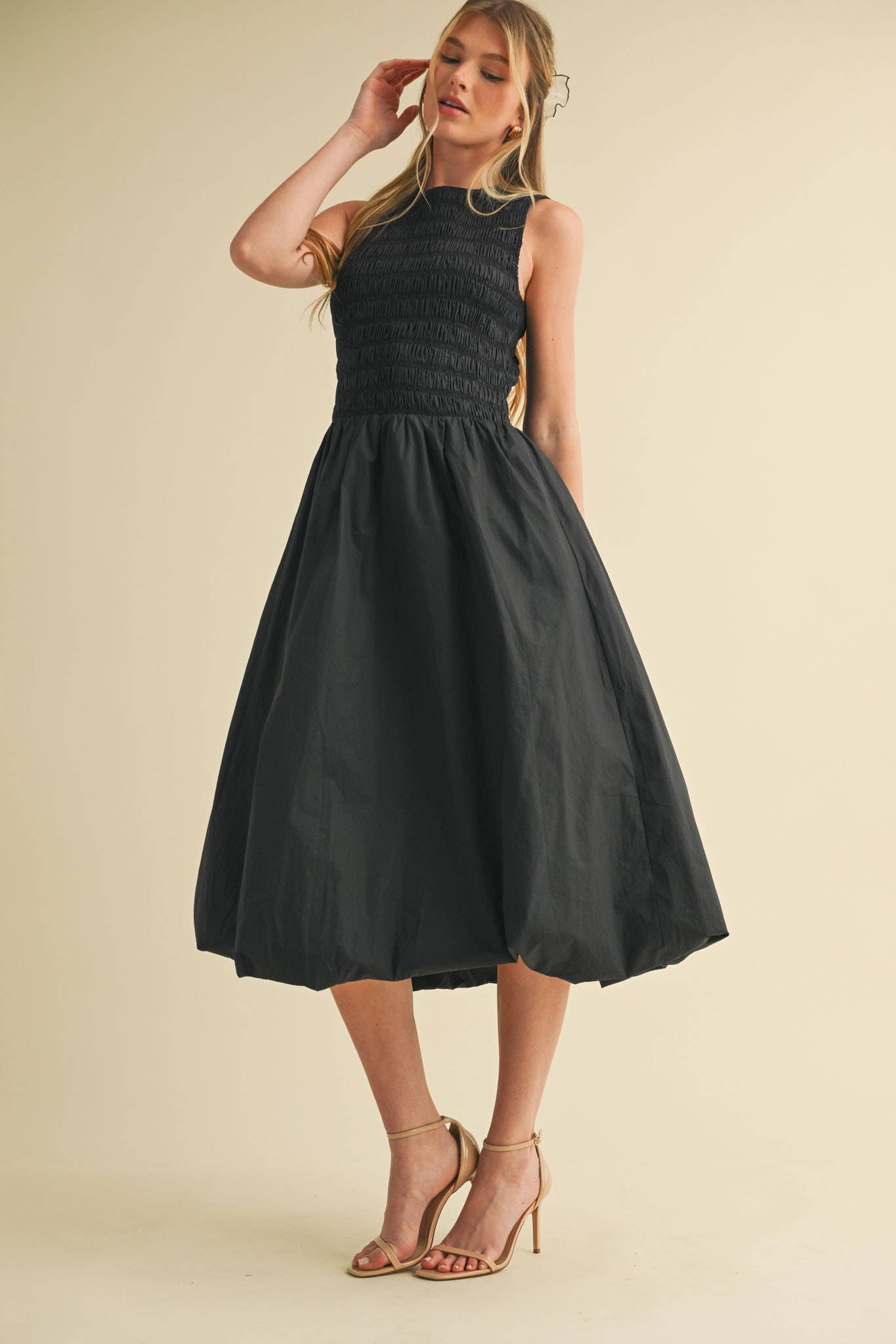 SMOCKED BUBBLE HEM MIDI DRESS MARINE BLUE