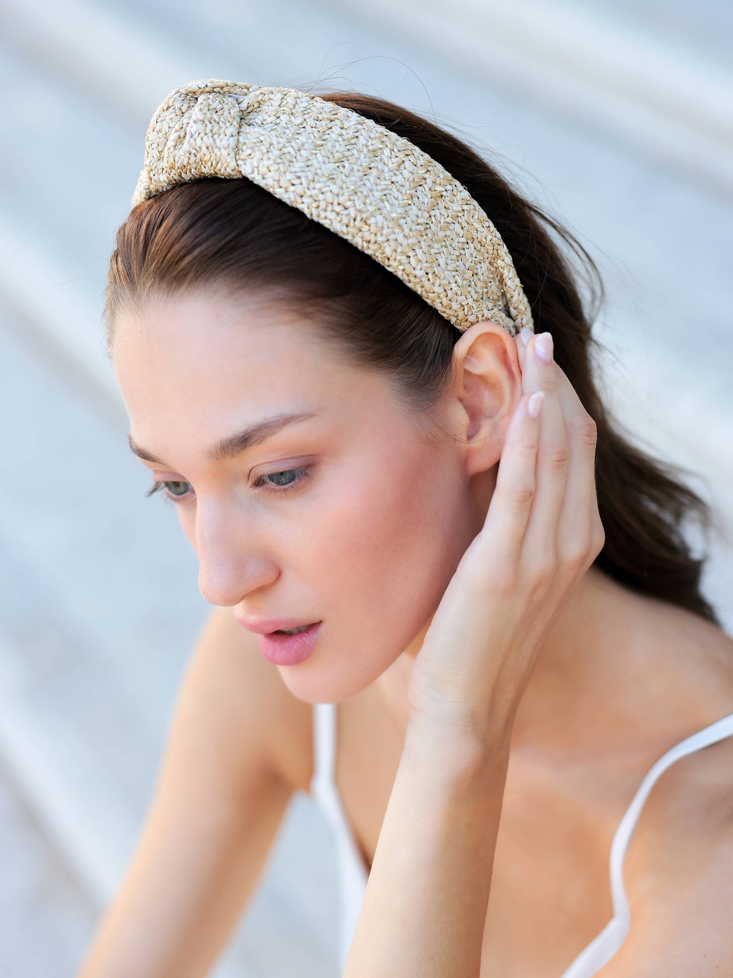 Woven Lurex Knotted Headband: NATURAL