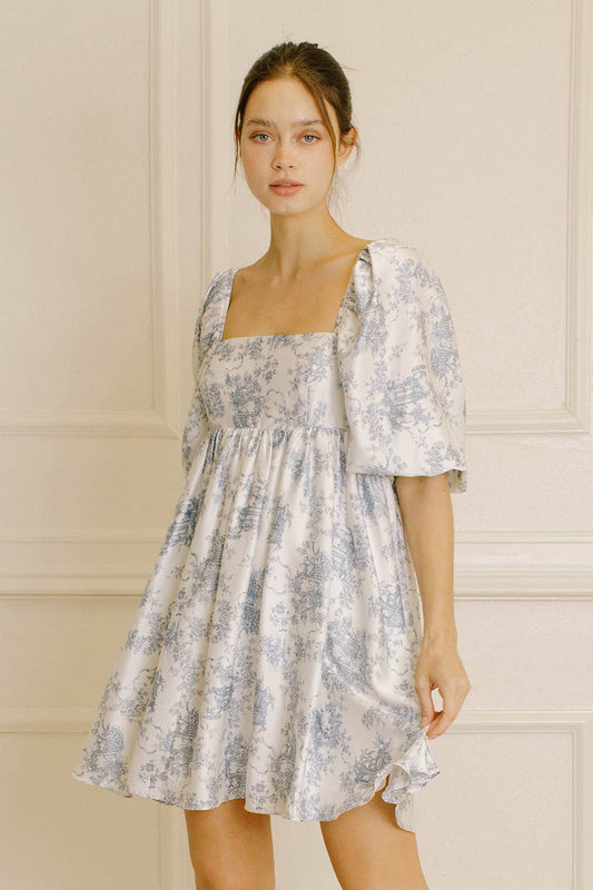 BLUE TOILE BABY DOLL MINI DRESS