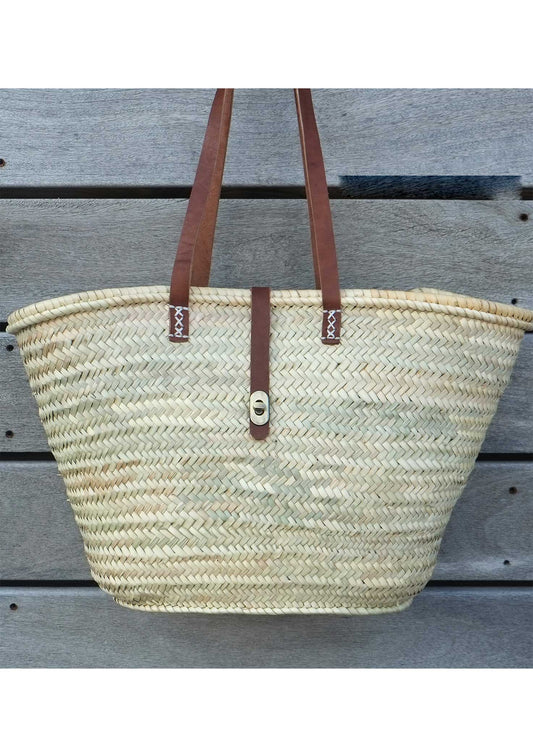 French Market Beach Basket With Leather Stripes